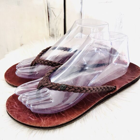 Maj Pole Brown Leather Braided Earthy Boho Slip on Thong Sandals - Size 9 - Picture 1 of 5